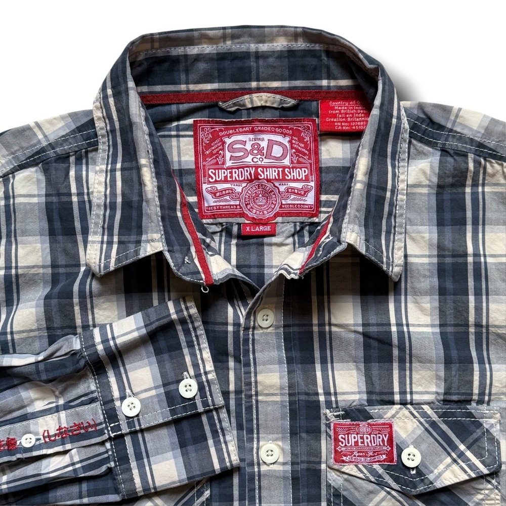 Superdry Shirt Shop Mens XL Blue White Plaid Long Sleeve Button Down Cotton Top